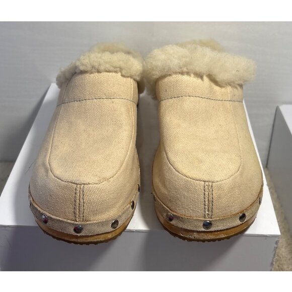 Ugg Clogs Beige Shearling Lined Canvas With Wood Sole Size 7 Womens Studded Mule - Picture 2 of 13